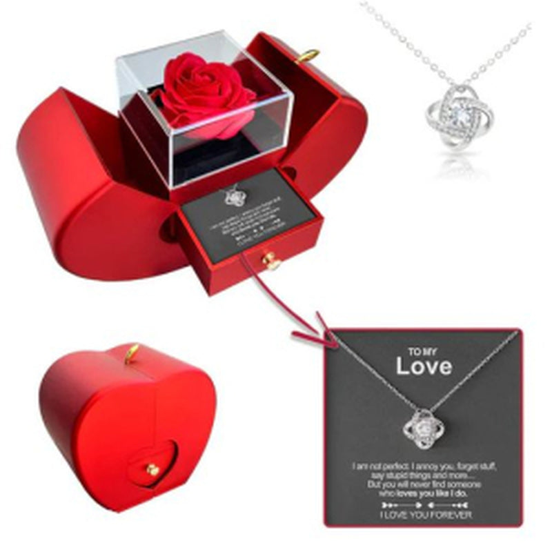 Fashion Jewelry Box Red Apple Christmas Gift Necklace Eternal Rose for Girl Mother'S Day Valentine'S Day Gifts with Artificial Flower Rose Flower Jewelry Box