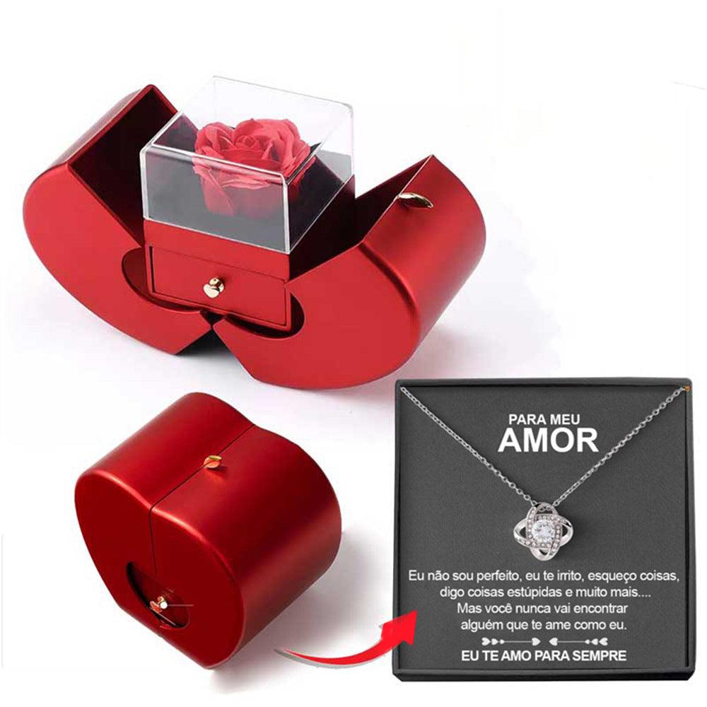 Fashion Jewelry Box Red Apple Christmas Gift Necklace Eternal Rose for Girl Mother'S Day Valentine'S Day Gifts with Artificial Flower Rose Flower Jewelry Box