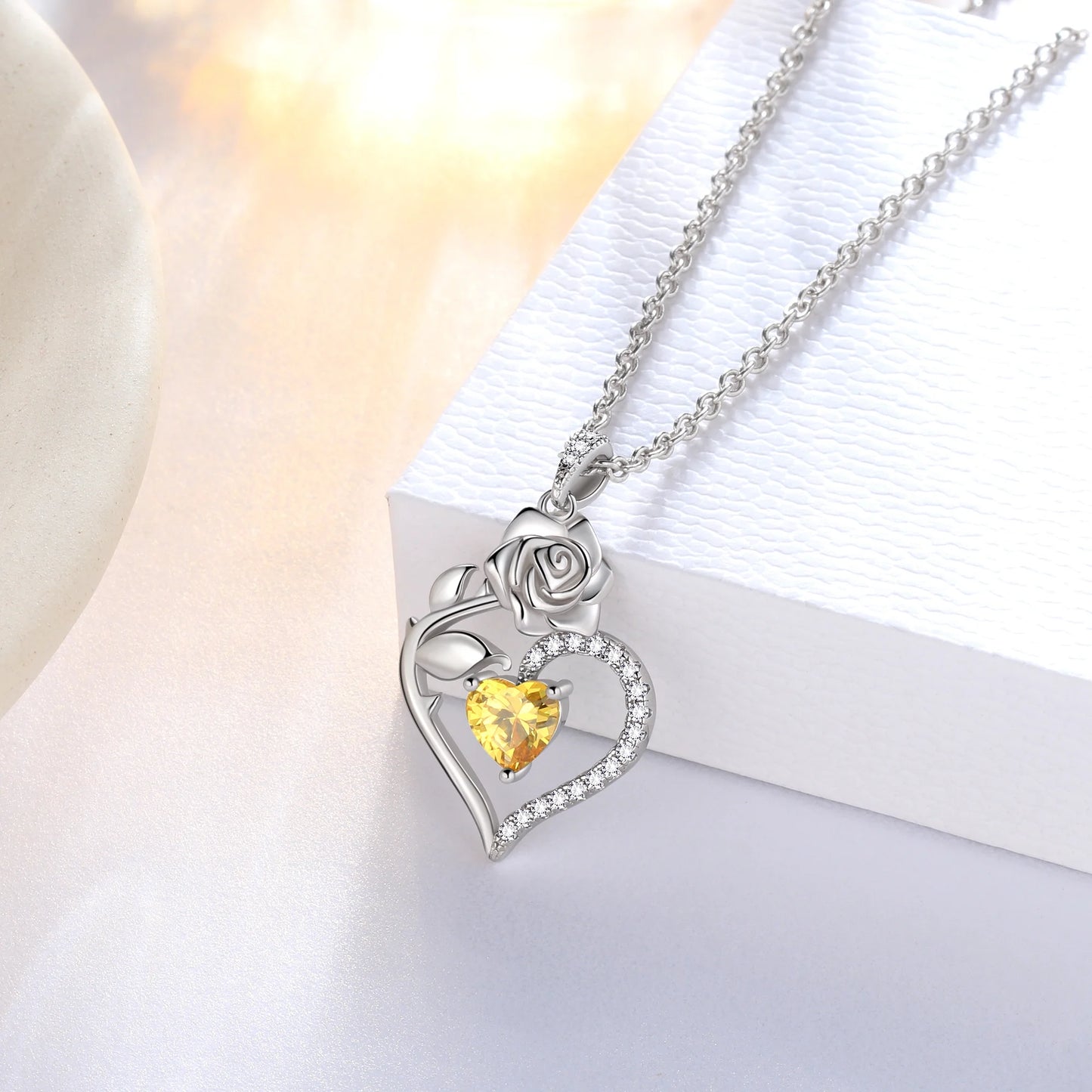 925 Sterling Silver Birthstone Necklace,Rose Flower Heart Pendant Necklace Fine Jewelry Anniversary Birthday Christmas Gifts for Women