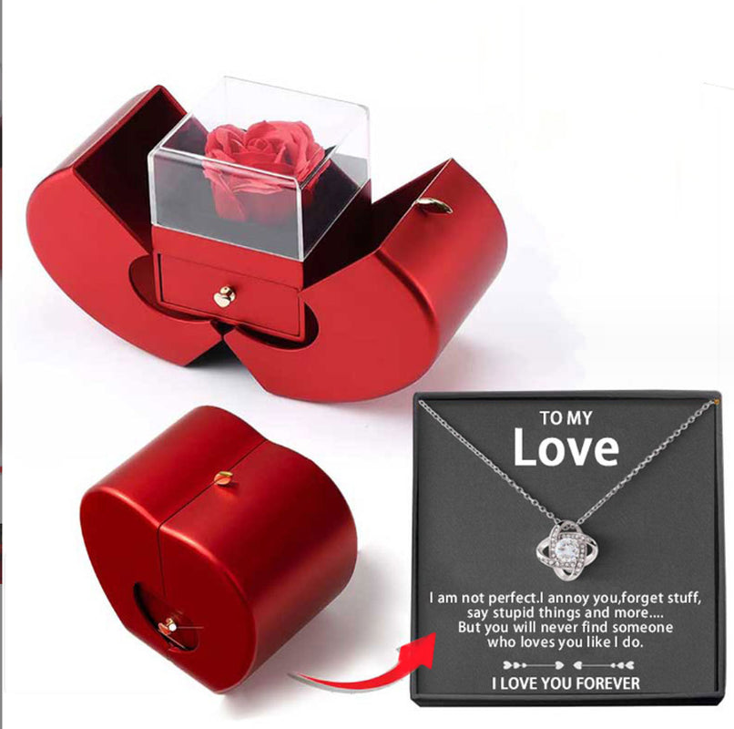 Fashion Jewelry Box Red Apple Christmas Gift Necklace Eternal Rose for Girl Mother'S Day Valentine'S Day Gifts with Artificial Flower Rose Flower Jewelry Box